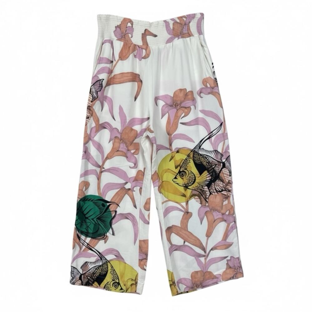 Anthropologie Maeve Pia Binazzi Pants Floral Tropical Wide Leg Size Large - Picture 2 of 9
